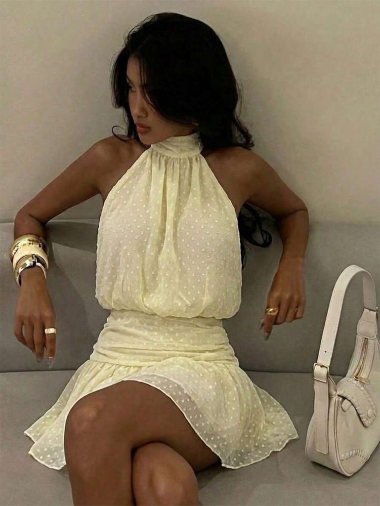 Cream Halter Dotted Ruffle Dress