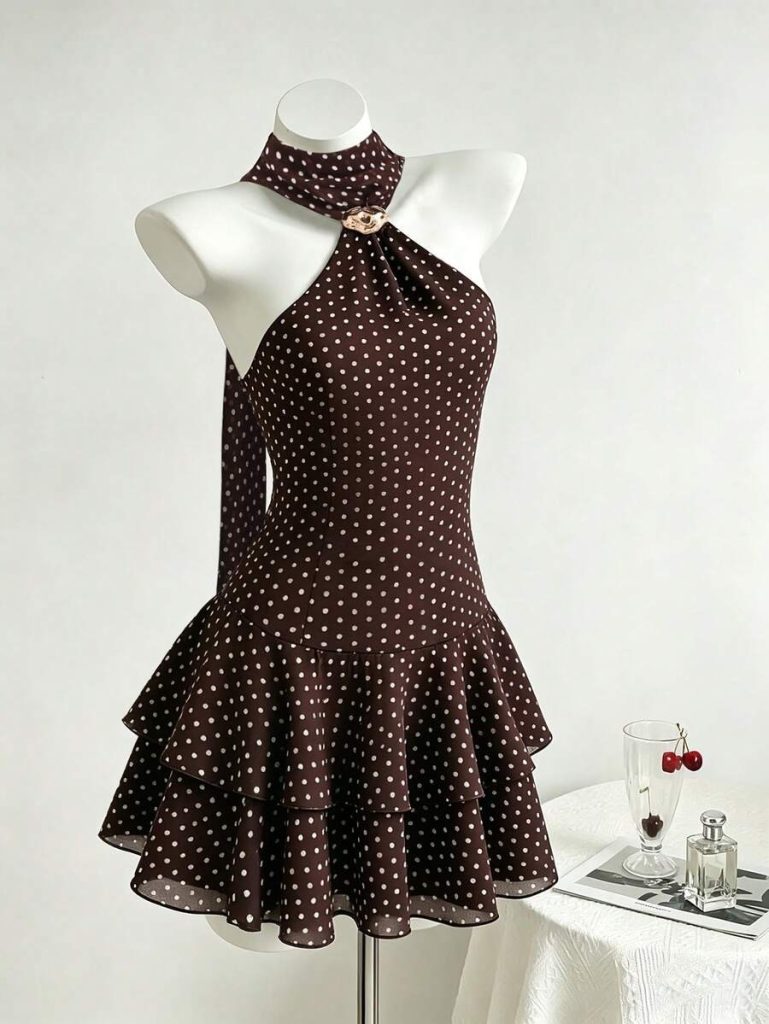 Brown Dotted Halter Tiered Dress