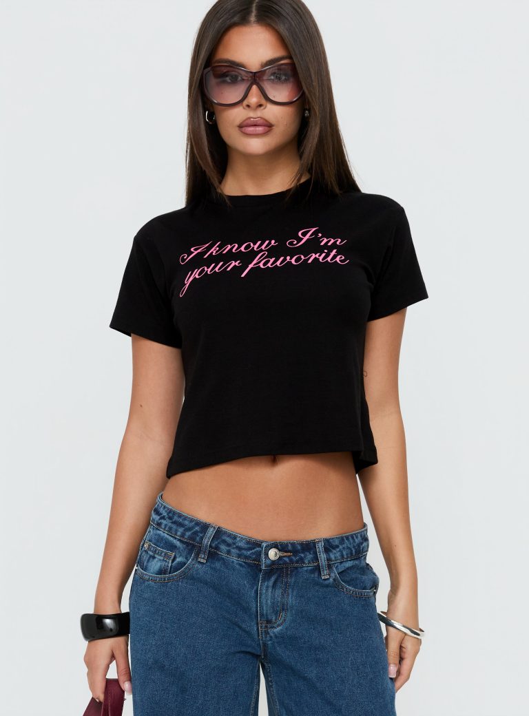 Black Script Print Crop Tee