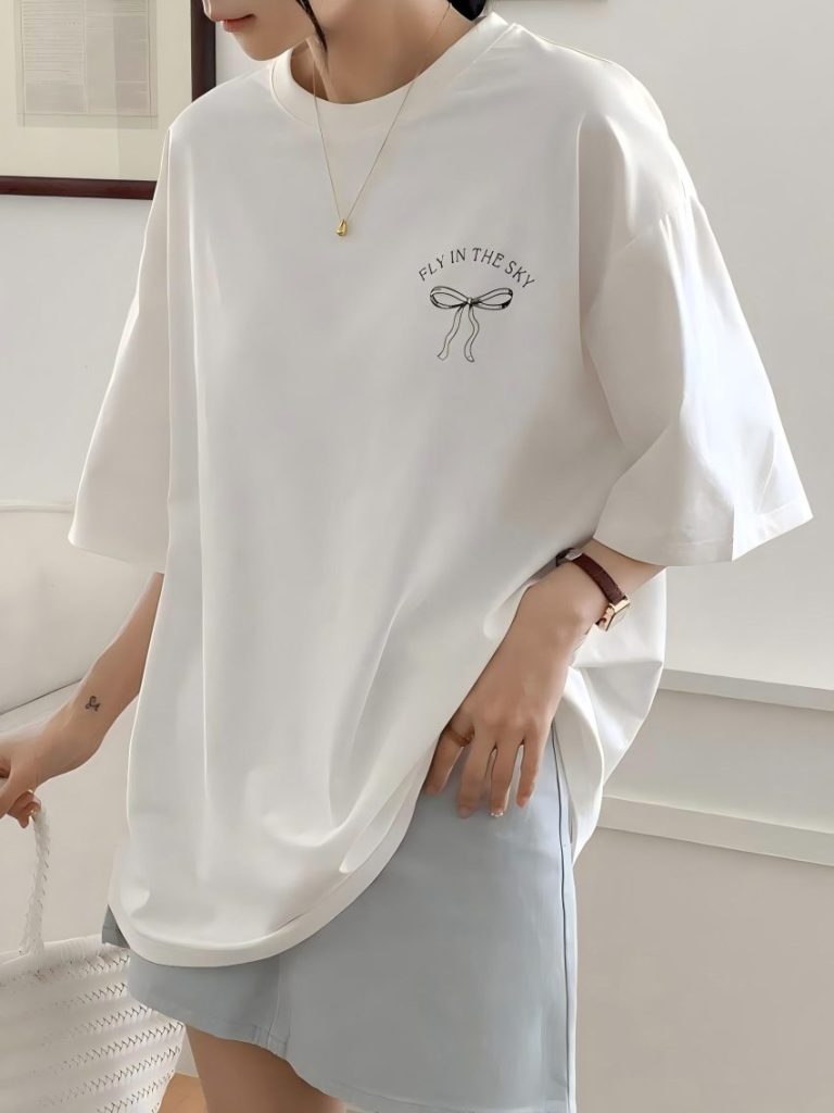 White Oversized Bow Print Tee