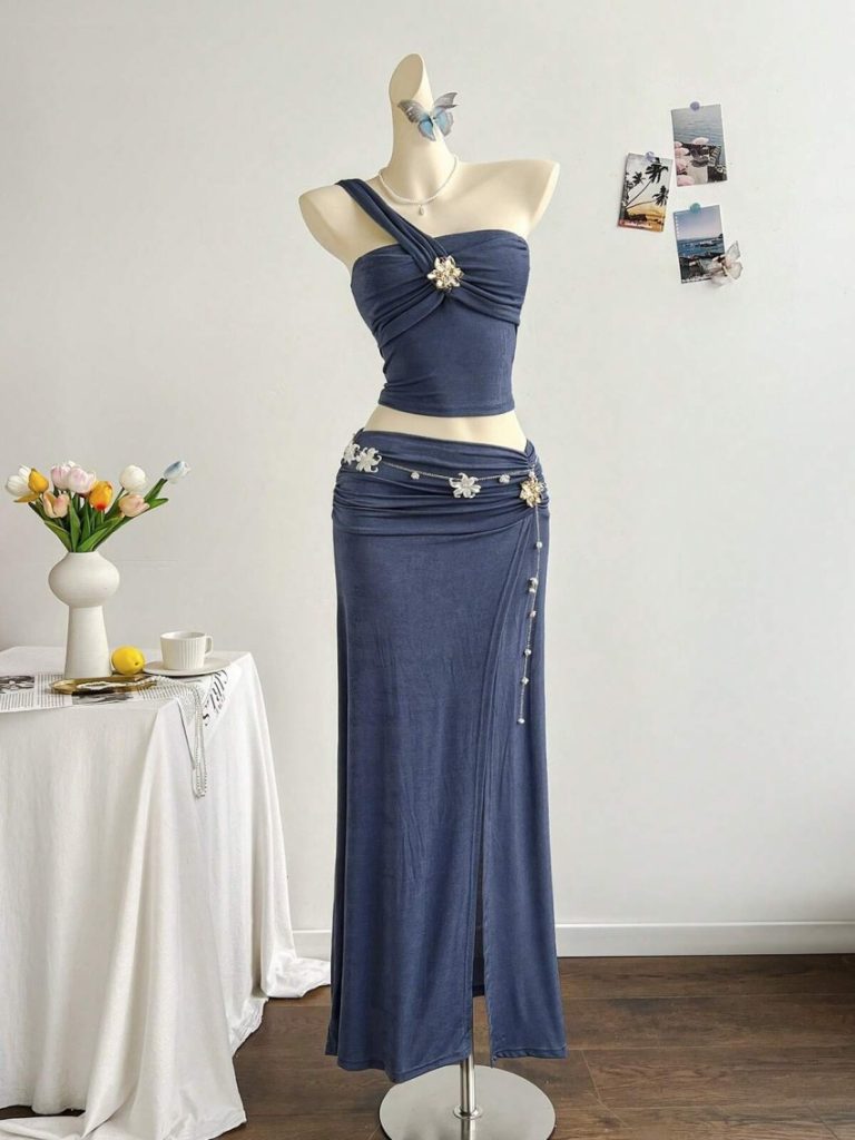 One-Shoulder Ruched Knit Maxi Set
