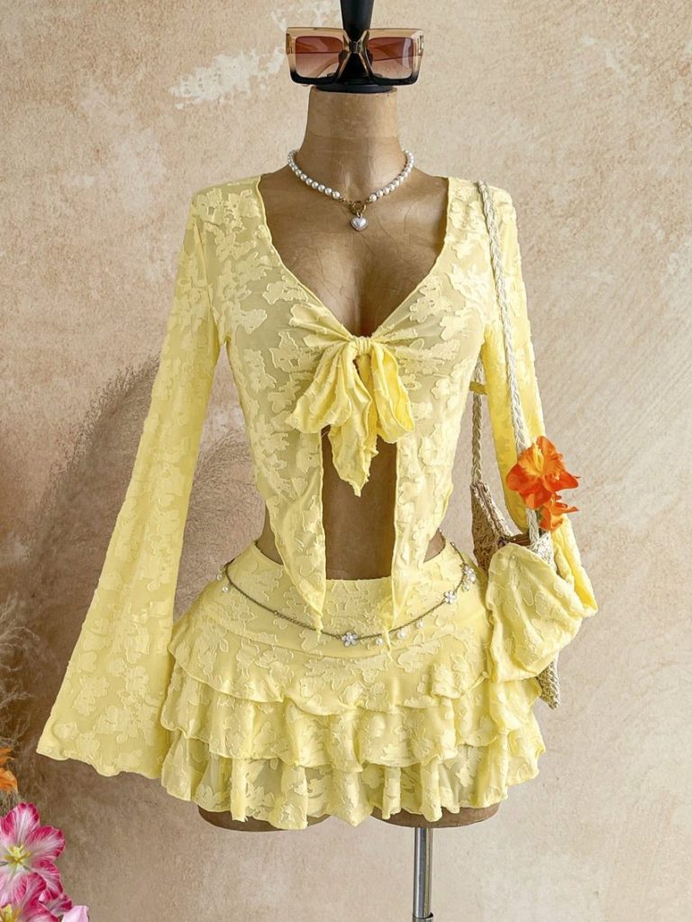 Yellow Lace Ruffle Swimsuit Set