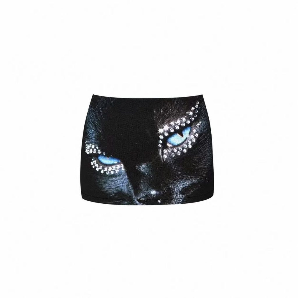 Black Cat Print Mini Skirt