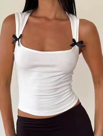 Sweet Bow-Strap Ribbed Tank Top