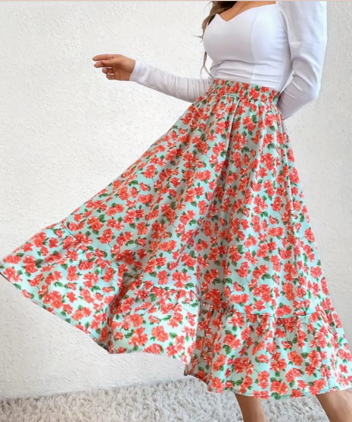 Floral Ruffle Hem Maxi Skirt