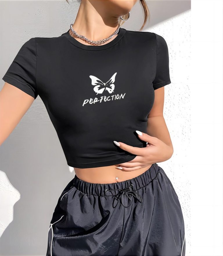 Black Butterfly Print Collared Tee
