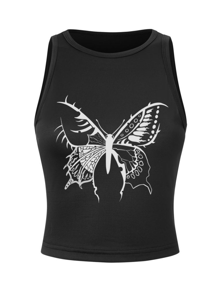 Black Butterfly Print Collared Top