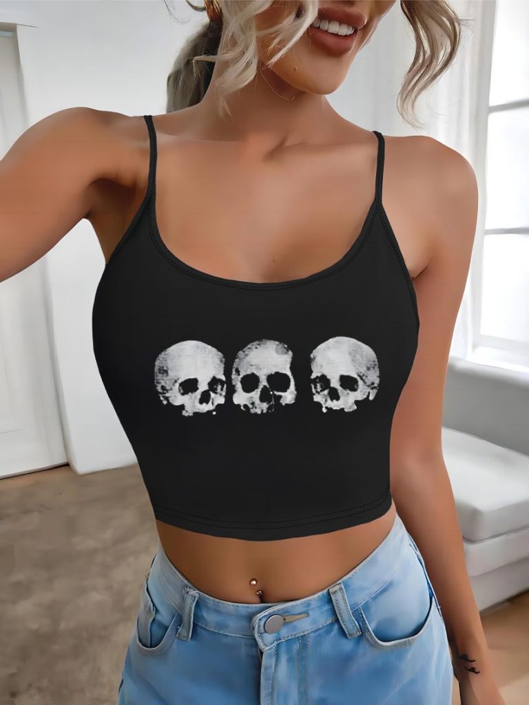 Skull Print Collared Top