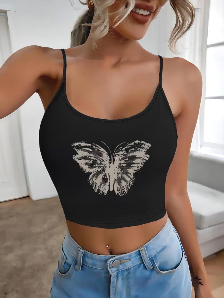 White Butterfly Print V-Neck Top