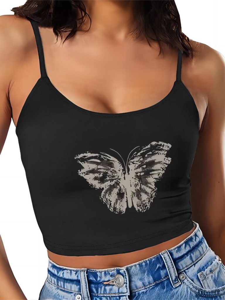 Black Butterfly Print V-Neck Top