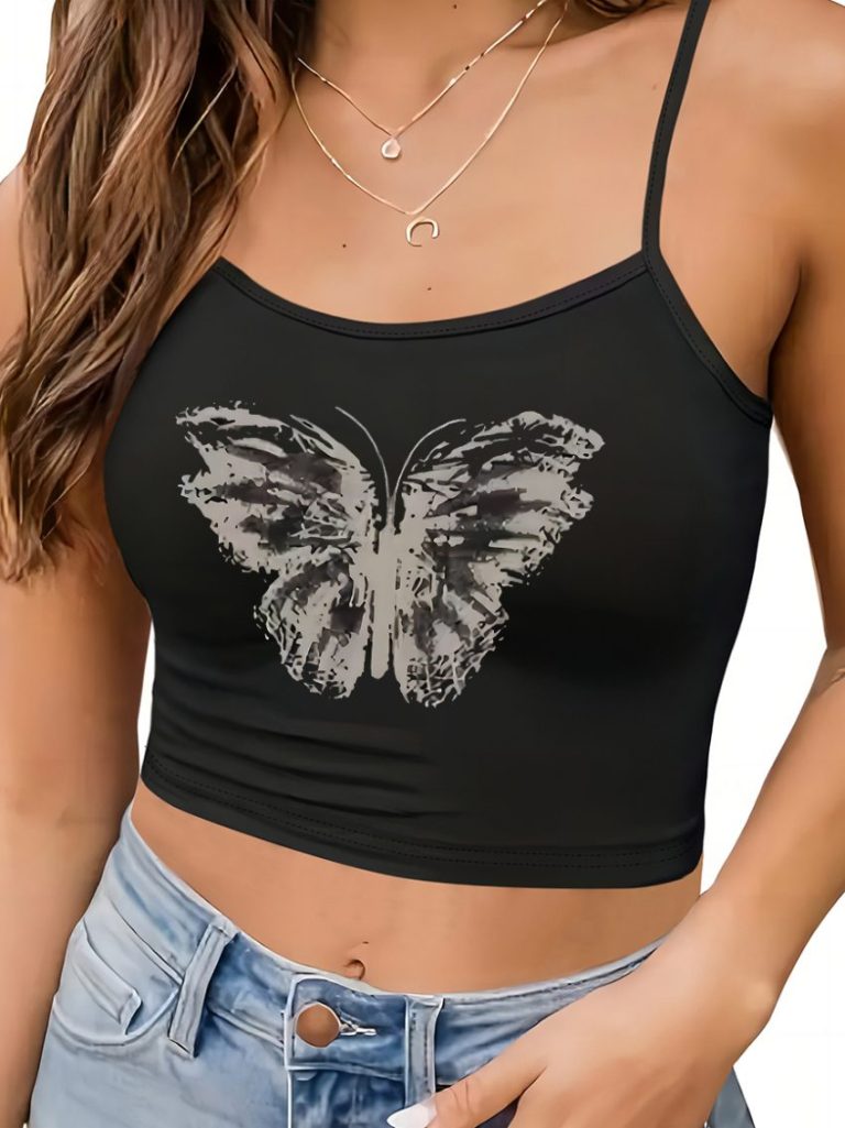 Gray Butterfly Print V-Neck Top