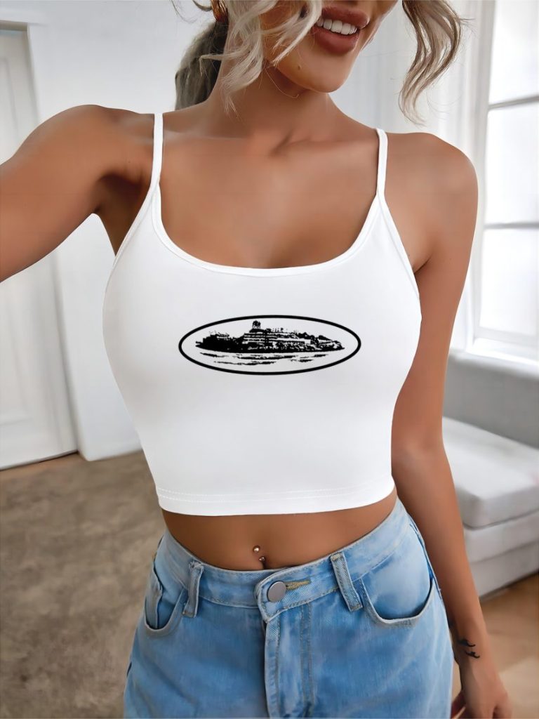 Beige Letter Print Sleeveless Top