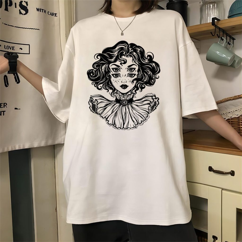 Beige Portrait Print Collared Tee
