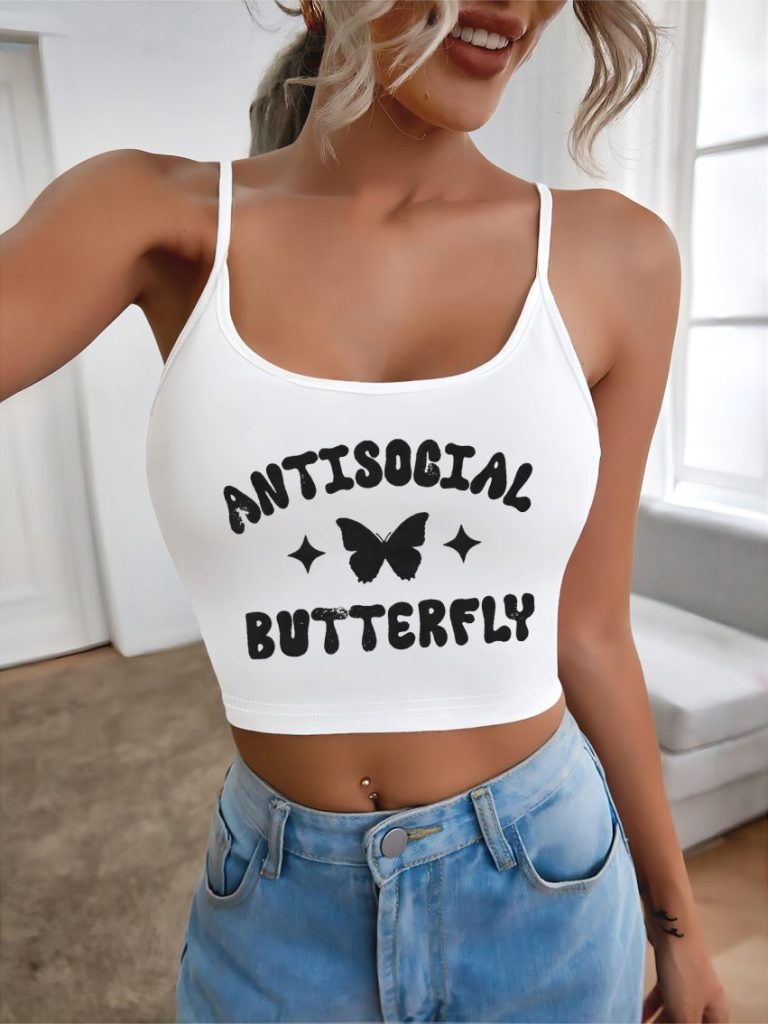 White Butterfly Print Collared Top