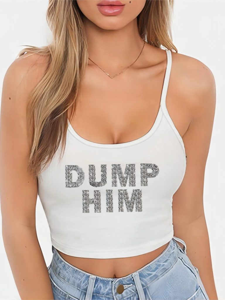 Beige Letter Print V-Neck Top