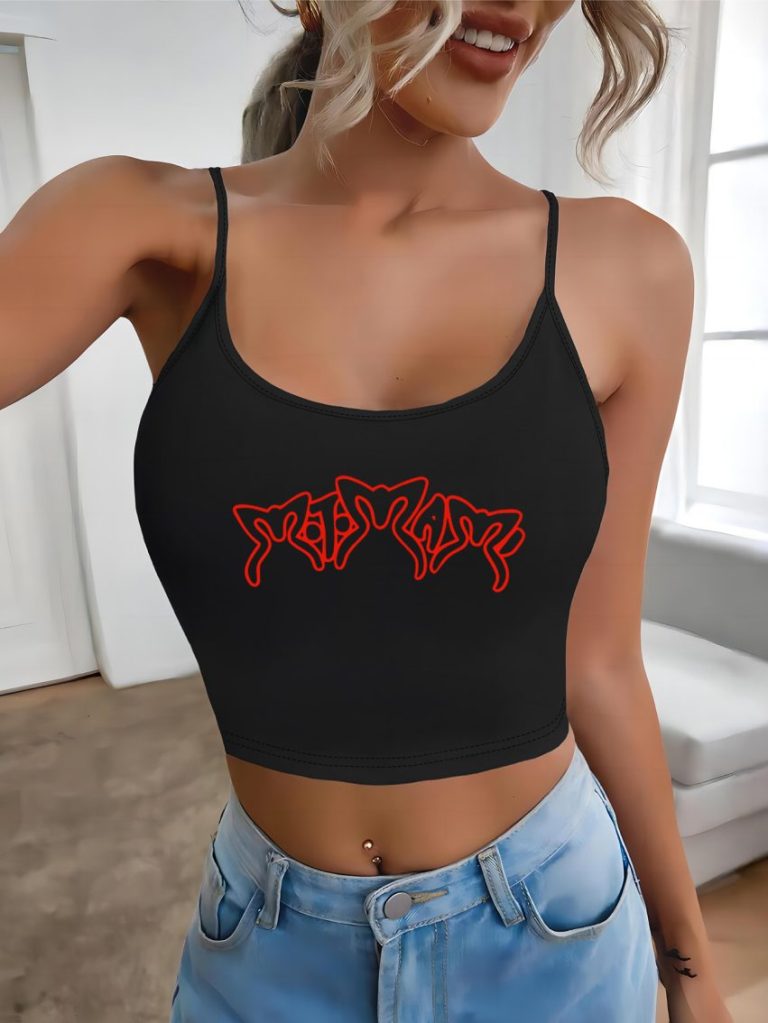 Red Music Print V-Neck Top