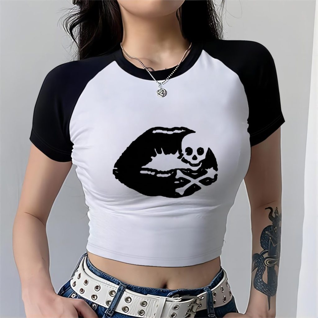 Gray Skull Print V-Neck Tee