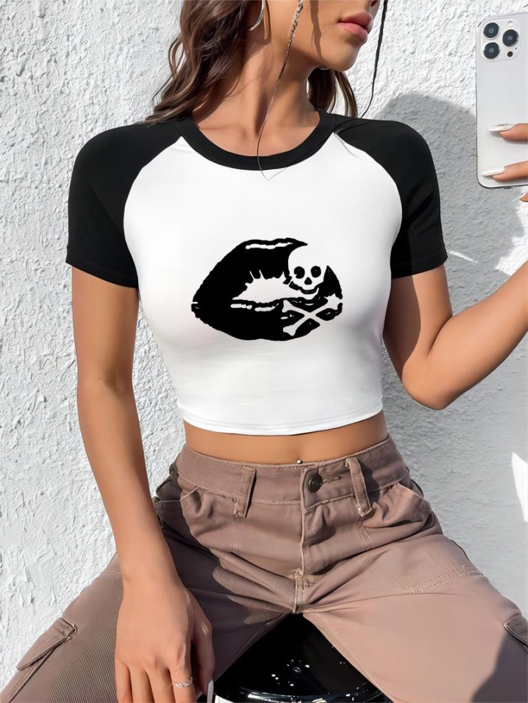 White Skull Print Crew Top