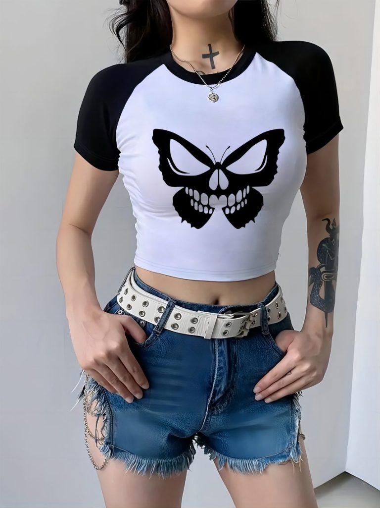 Gray Butterfly Print Collared Top
