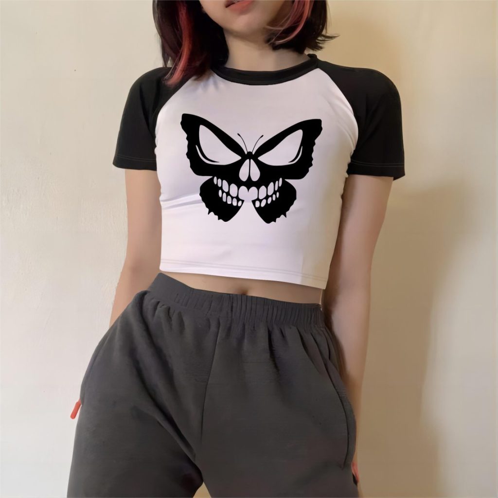 Black Butterfly Print Crew Top