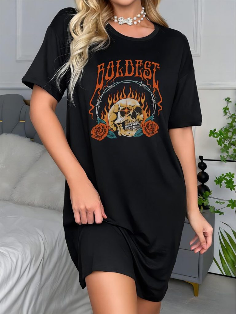 Orange Skull Print Crew Tee