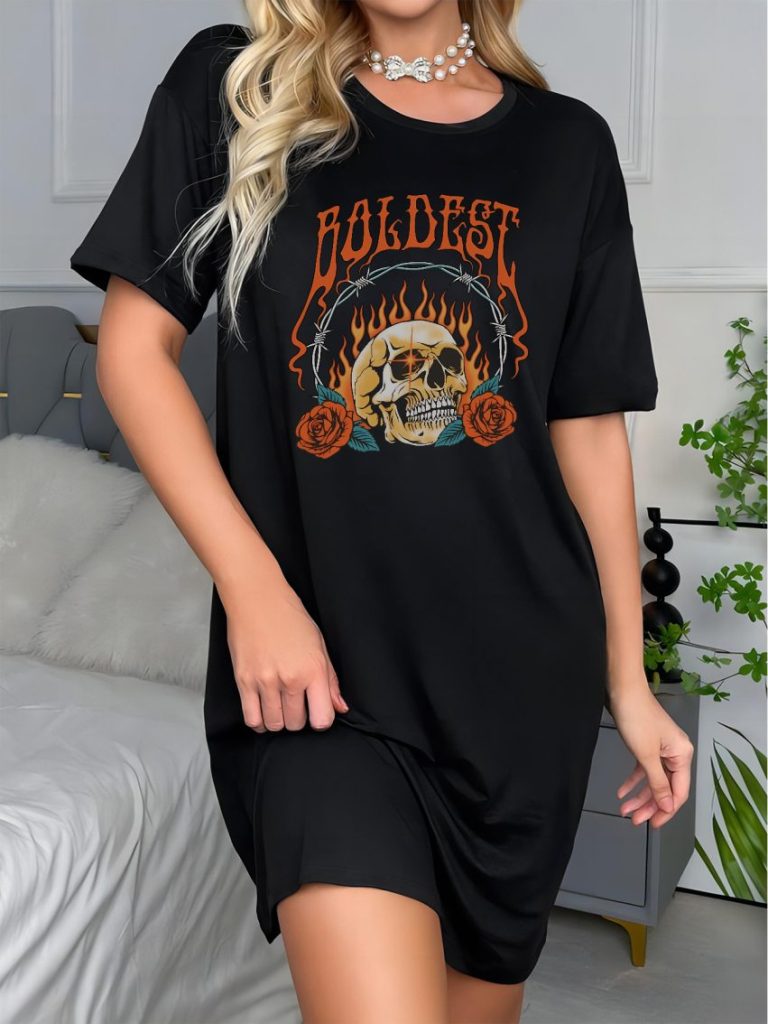 Orange Skull Print Crew Tee