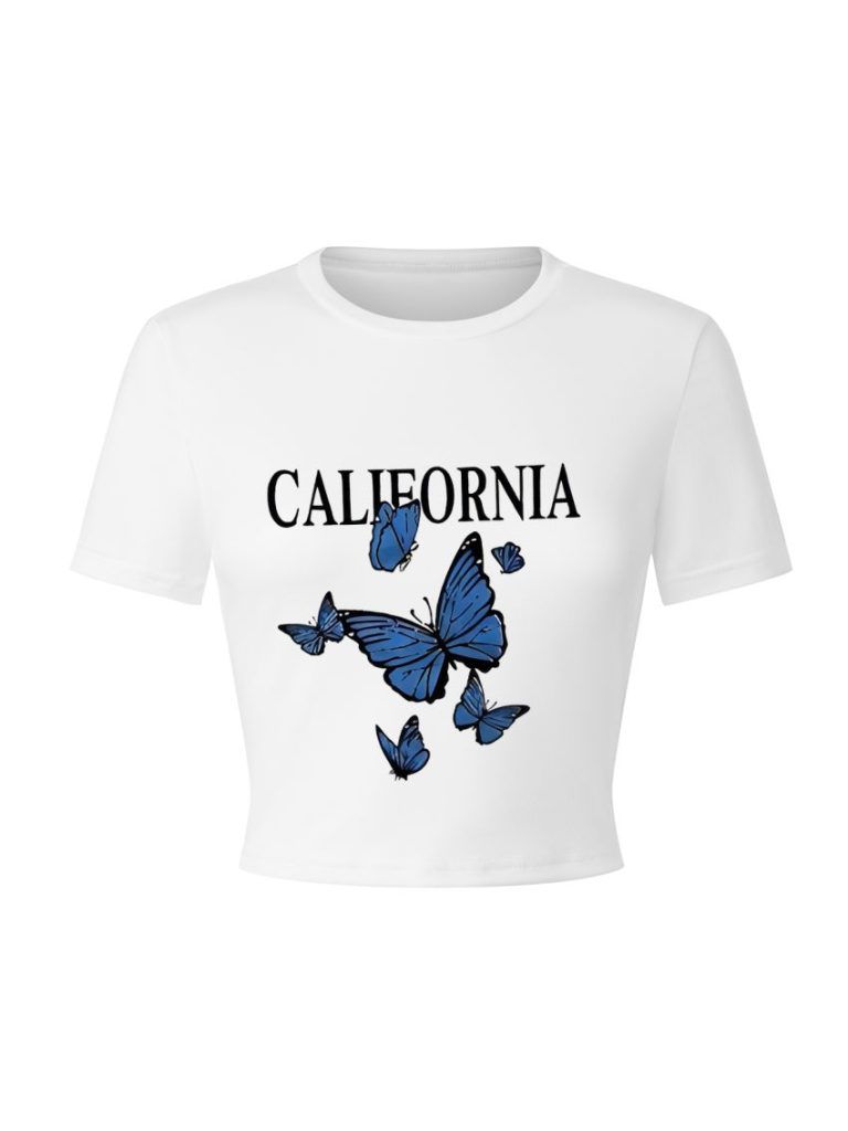 Blue Butterfly Print V-Neck Tee