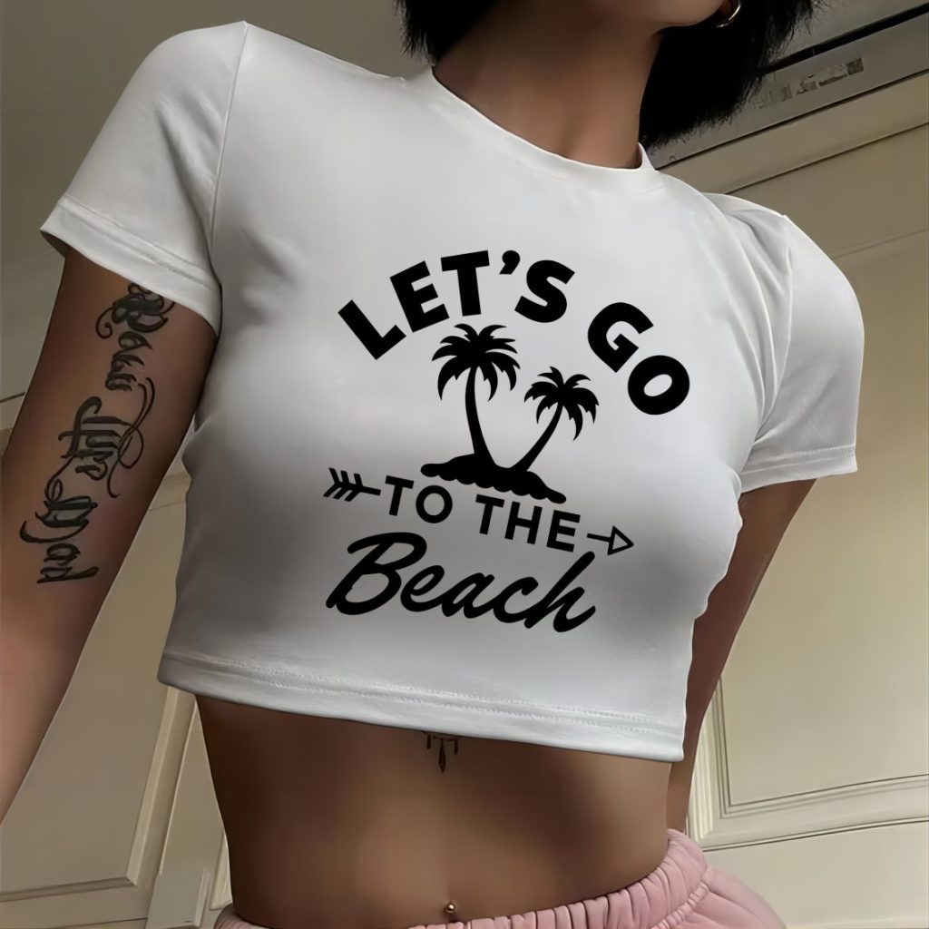 Beige Letter Print Crew Top