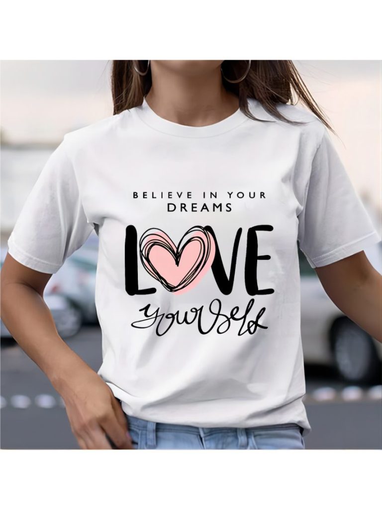 White Heart Print V-Neck Tee