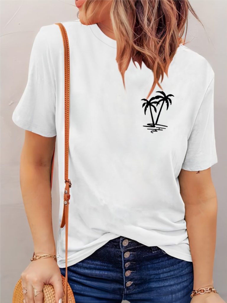 White Tropical Print V-Neck Tee
