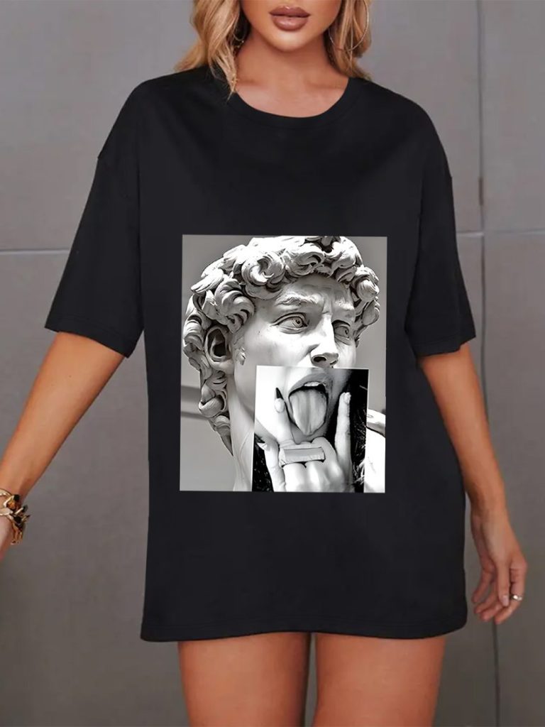 Gray Portrait Print Off-Shoulder Top