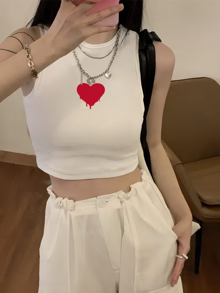 Beige Heart Print Collared Top