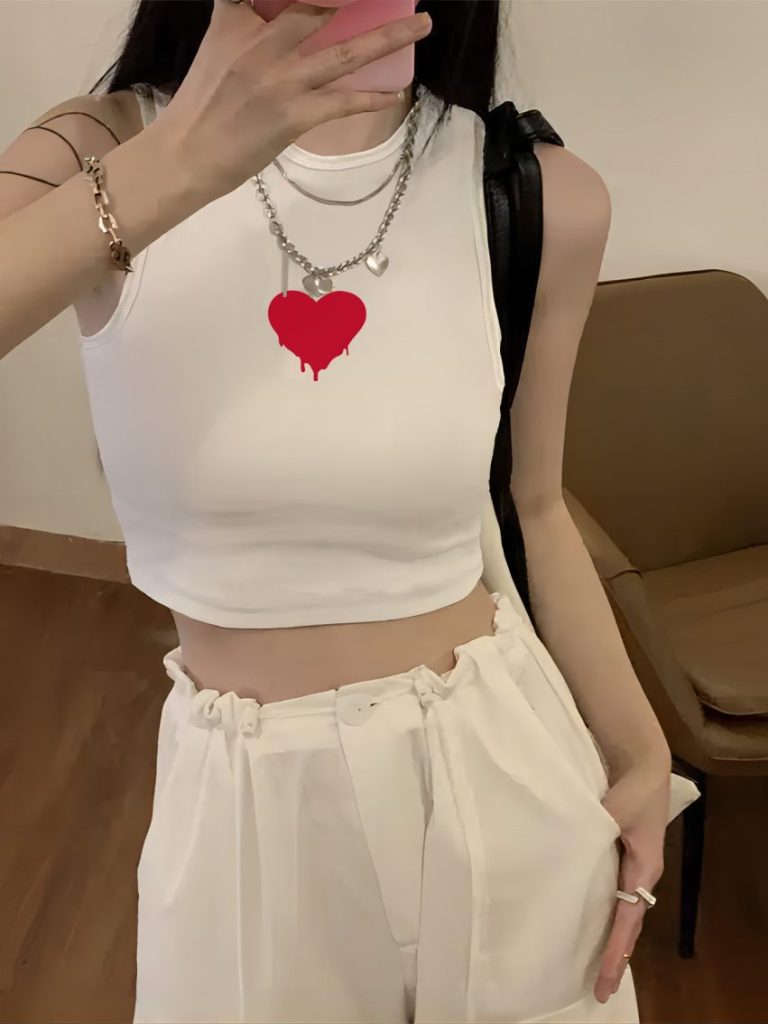 Beige Heart Print Collared Top