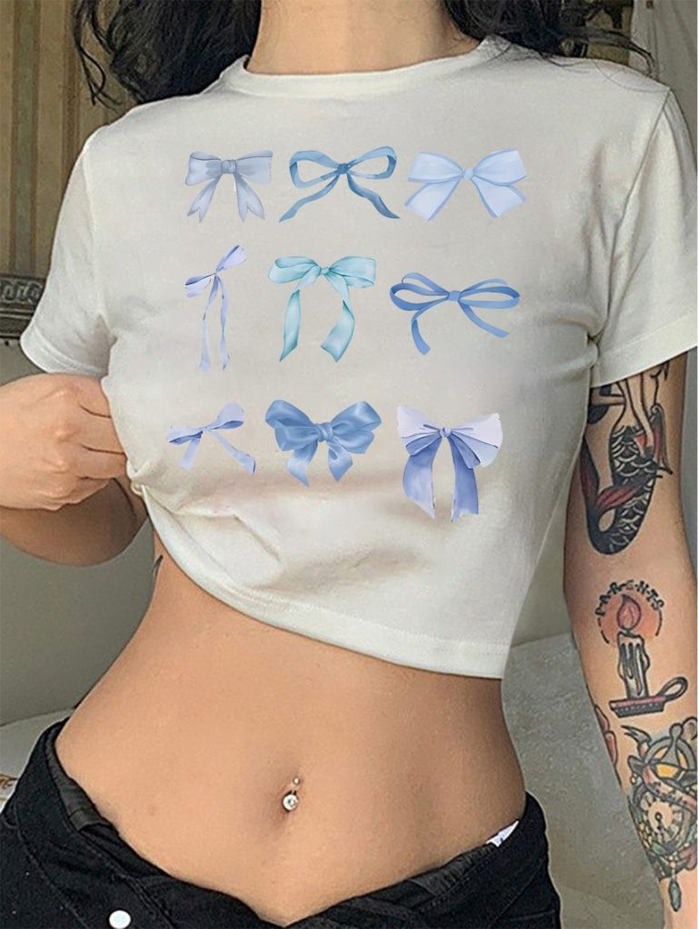 Blue Butterfly Print Off-Shoulder Top