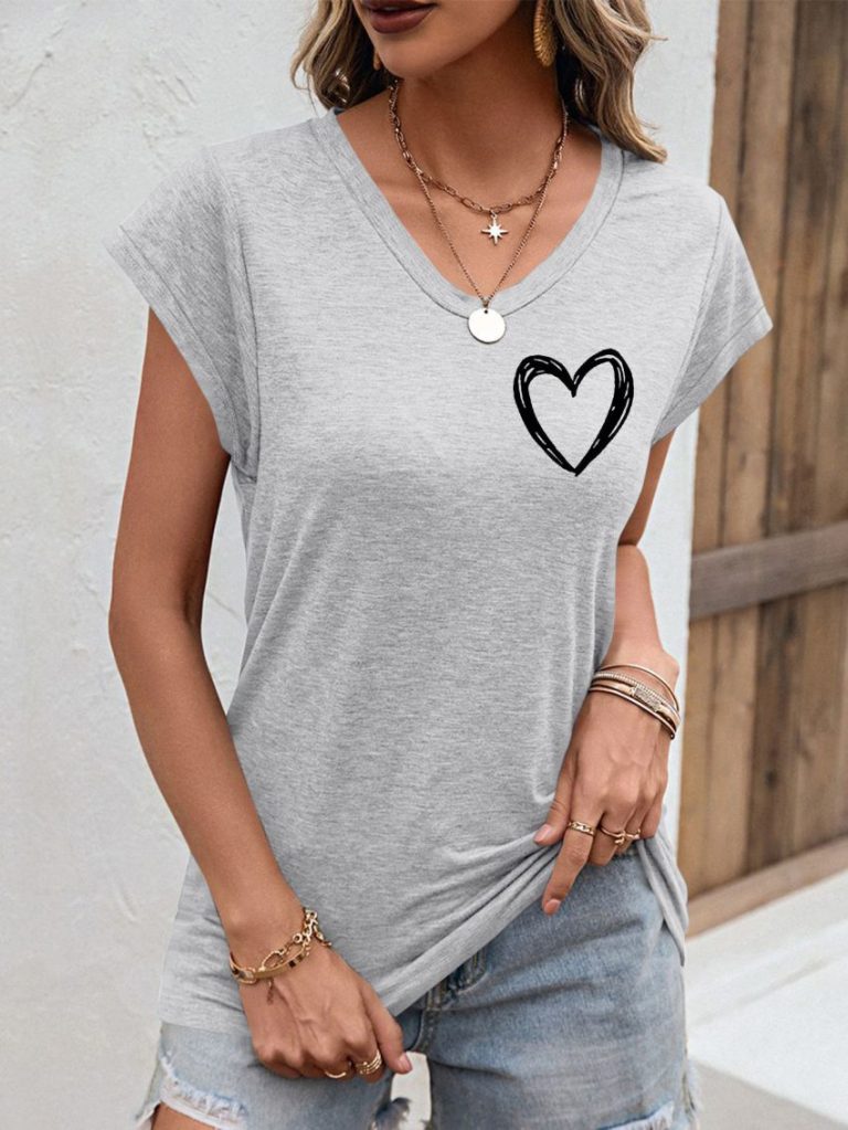 Gray Heart Print V-Neck Tee