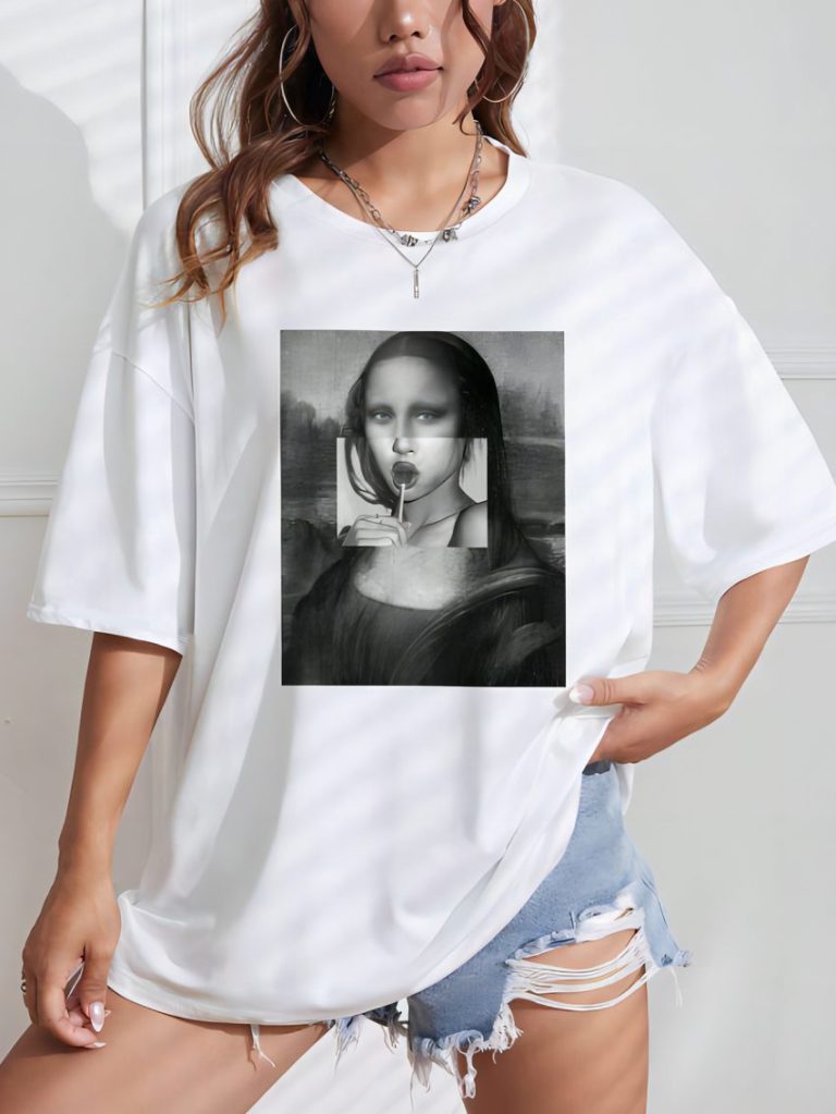 White Portrait Print V-Neck Tee