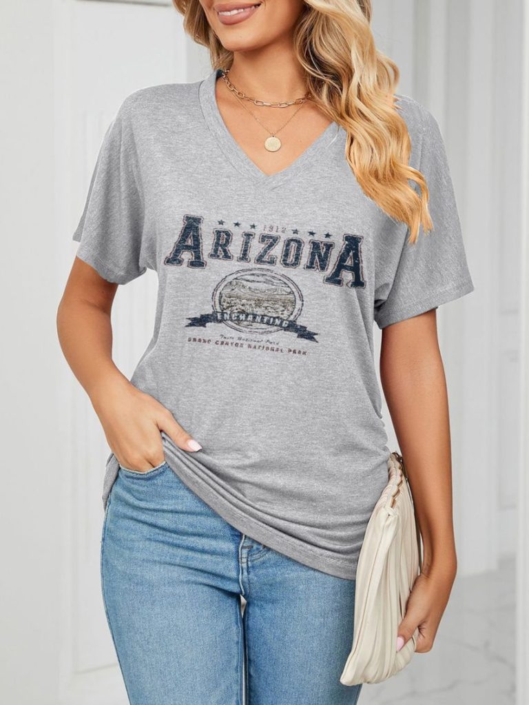 Gray Letter Print V-Neck Tee