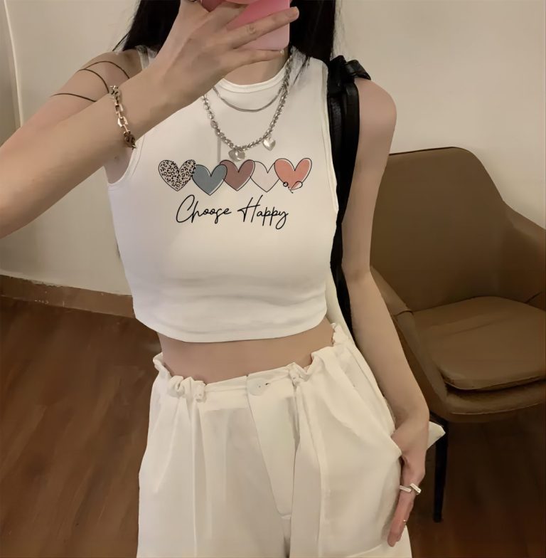 Beige Heart Print Sleeveless Top