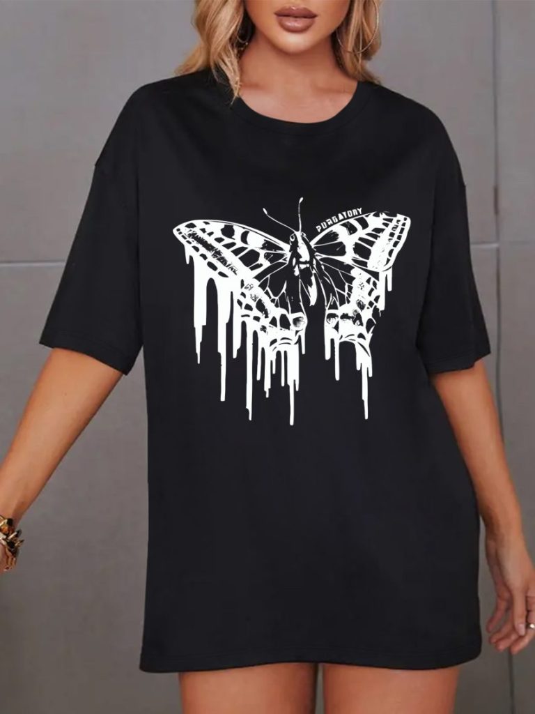 Brown Butterfly Print V-Neck Tee