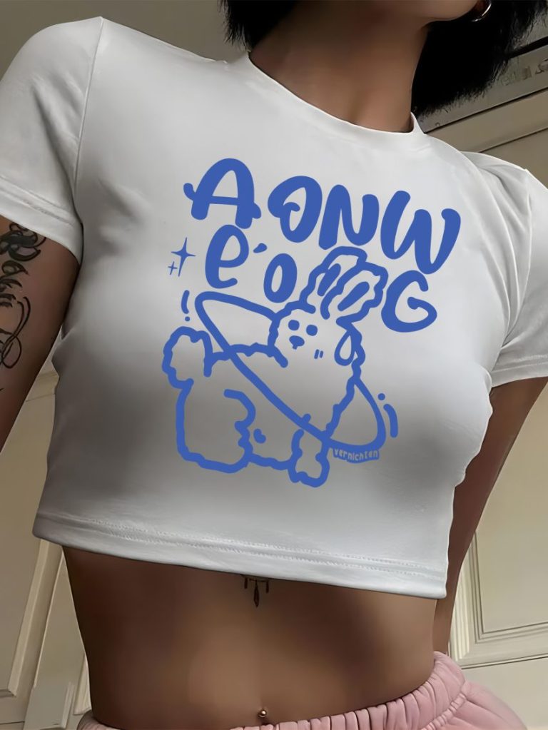 Blue Cartoon Print V-Neck Tee