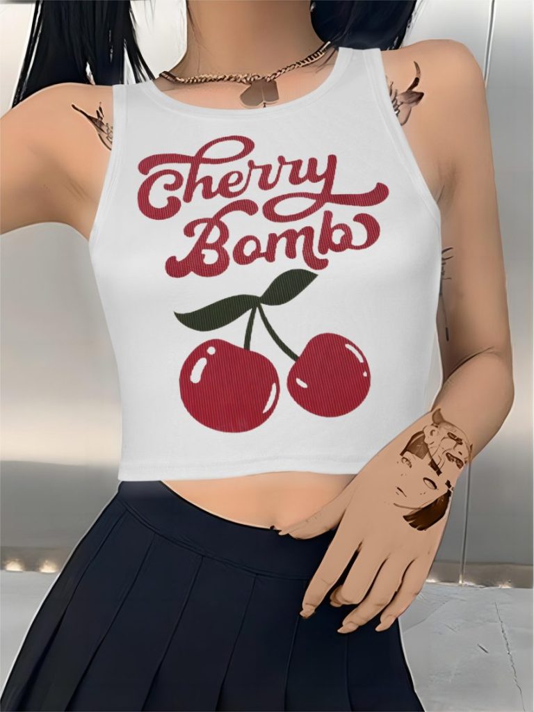 Beige Cartoon Print Sleeveless Top