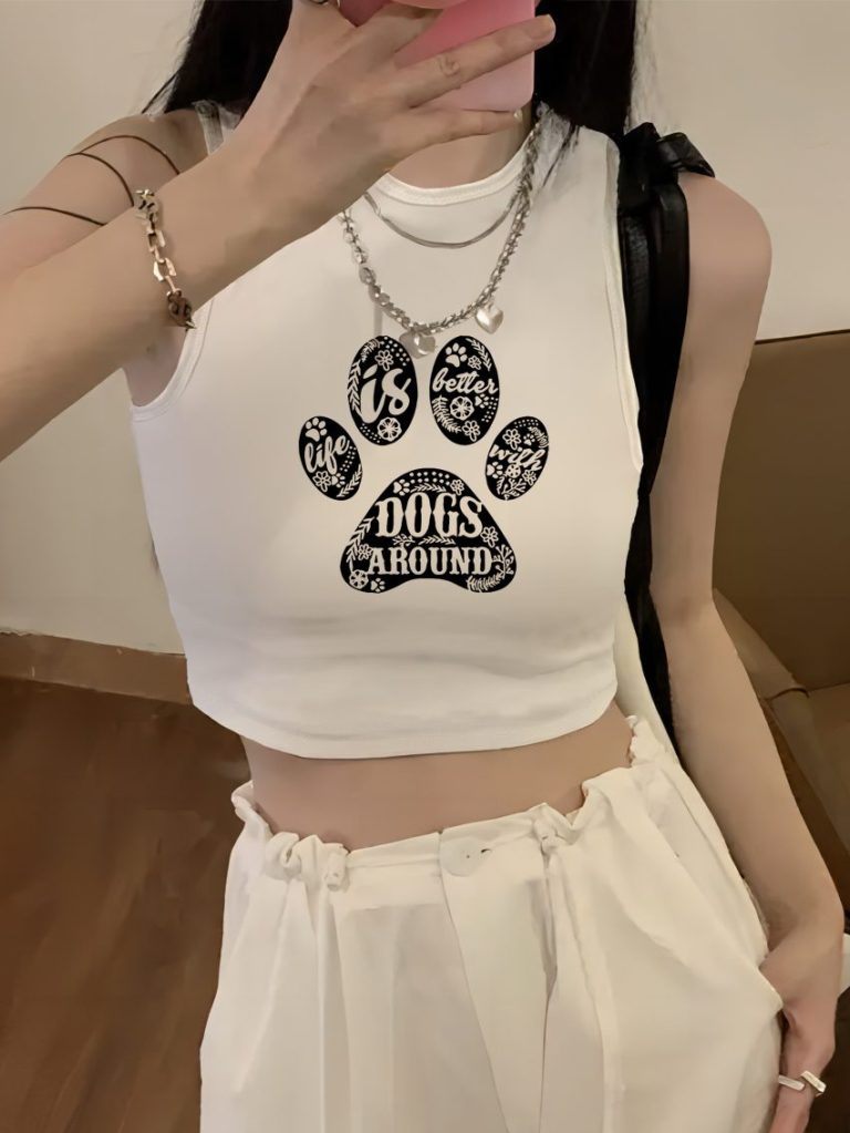Beige Music Print Sleeveless Top