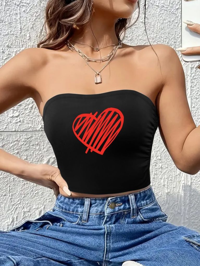 Brown Heart Print Off-Shoulder Top
