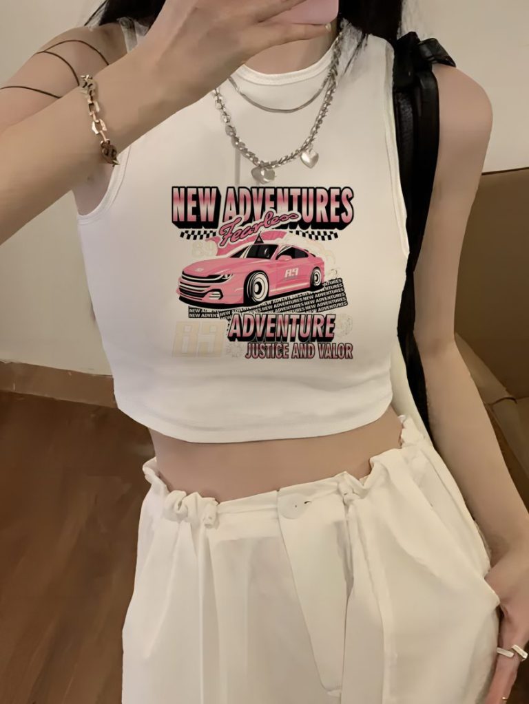White Cartoon Print Sleeveless Top