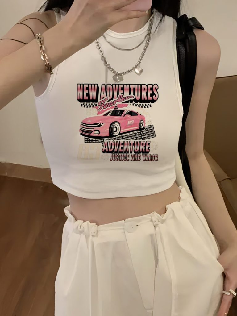 White Cartoon Print Sleeveless Top