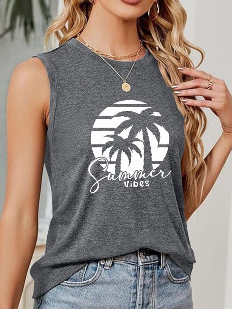 Gray Tropical Print V-Neck Tee