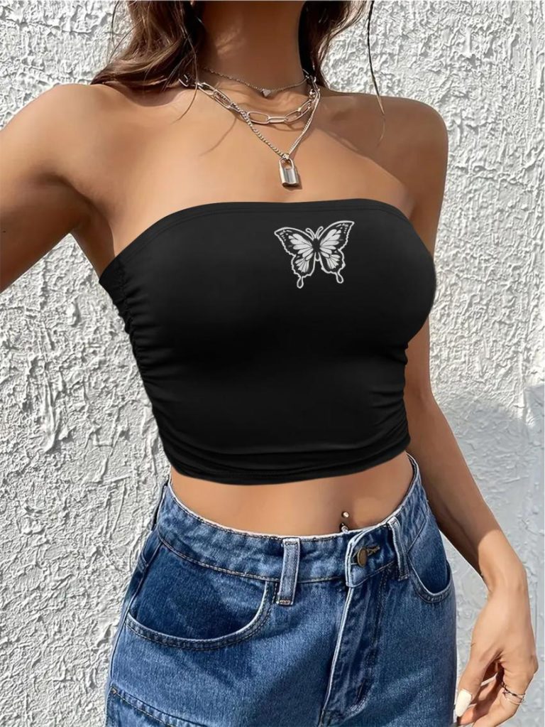 Black Butterfly Print Sleeveless Top