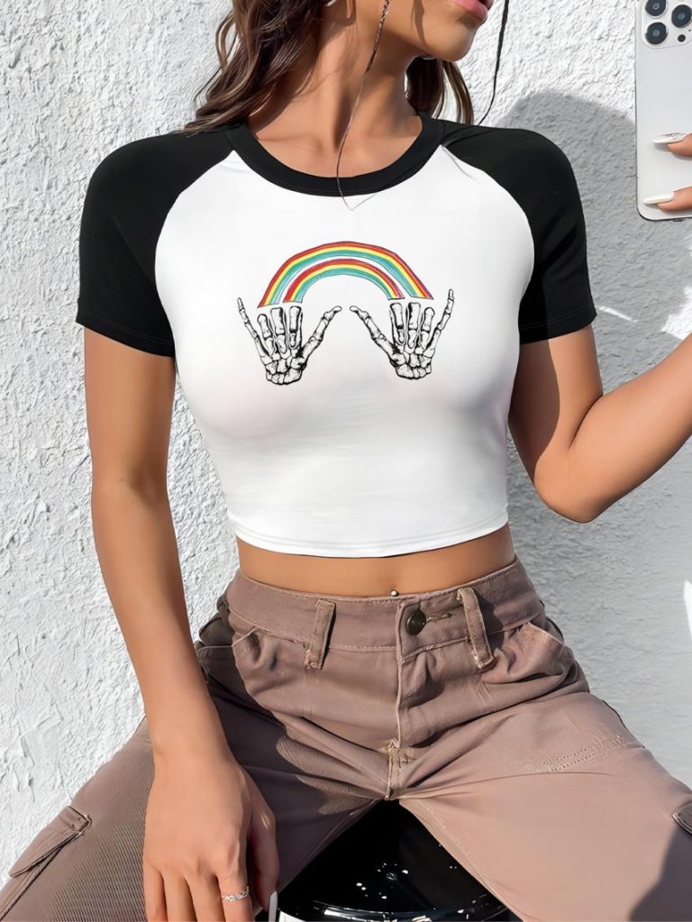 Brown Rainbow Print Off-Shoulder Top