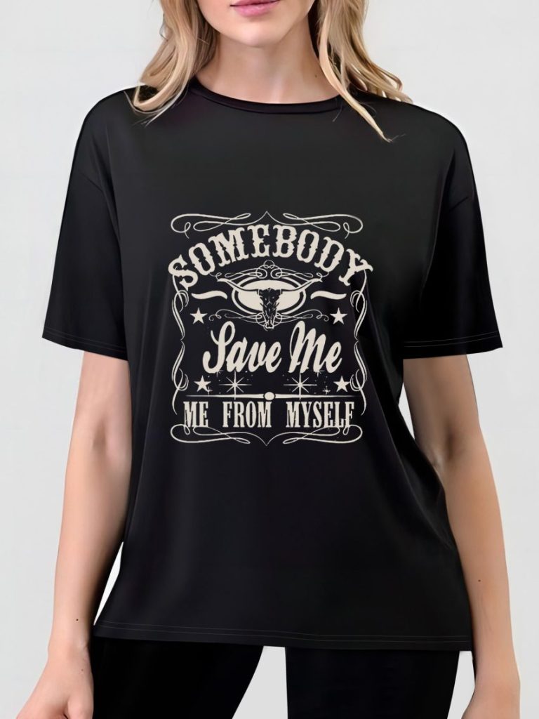 Brown Letter Print V-Neck Tee