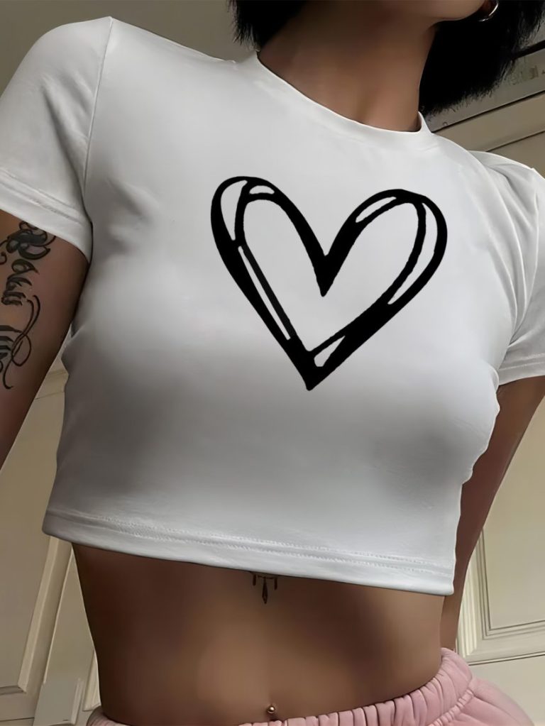 White Heart Print V-Neck Tee